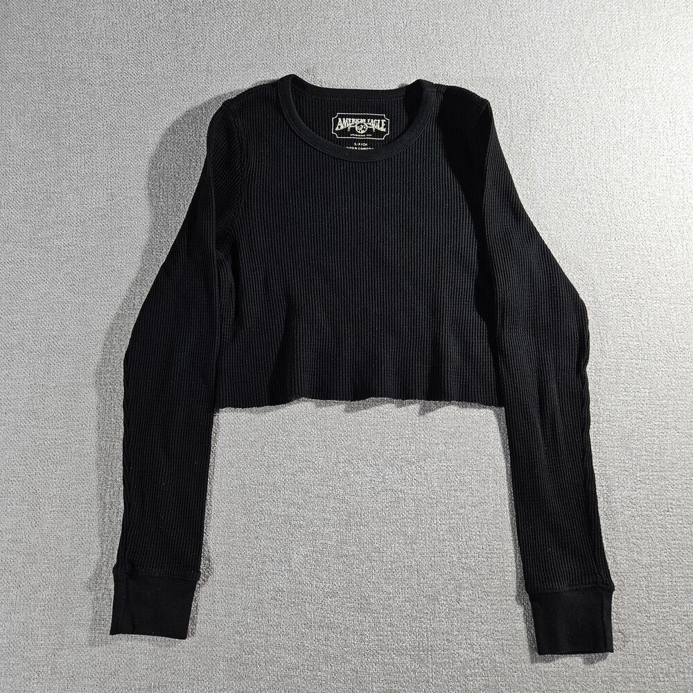 American Eagle Black Waffle Knit Crop Sweater Womens Small Long Sleeve Textured